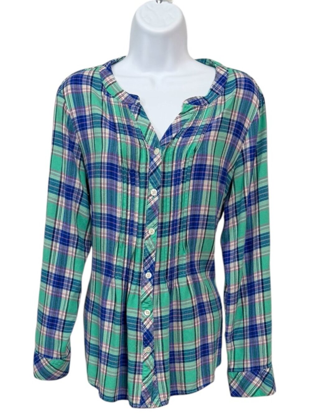 Croft & Barrow Plaid Tunic Shirt Large Roll Tab Sleeves High Low Hem